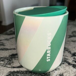Starbucks Green and Cream Diagonal Stripe Ceramic Mug with Green Lid
